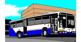 Drawing of bus by flowerpot